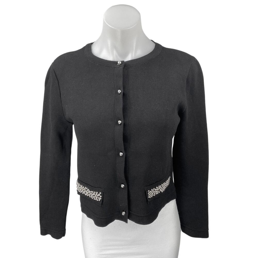H&M Womens Black Beaded Pearl Buttons Long Sleeve Cardigan Sweater Top Size XS